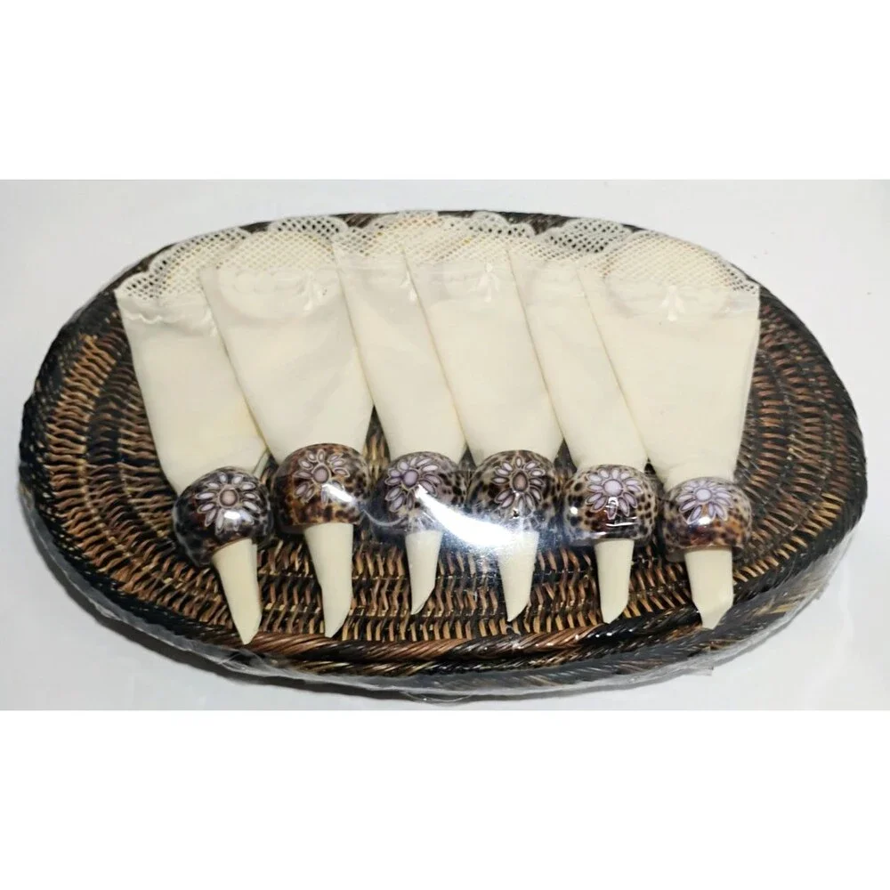 VTG Rattan Wicker Placemat Set of 6 Shell Napkin Rings Brass Coasters NEW SEALED